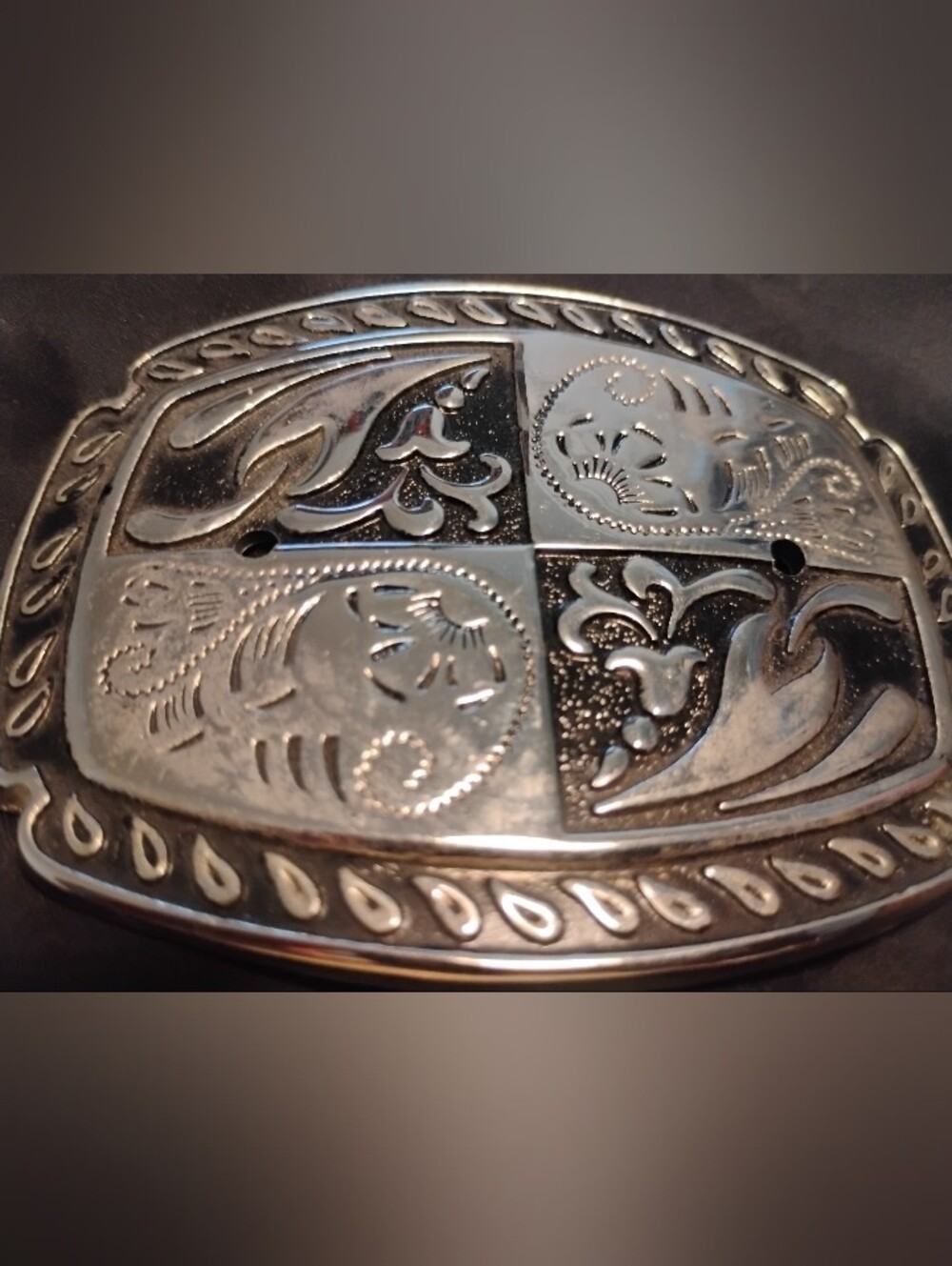 Ornate Engraved Floral Scroll Four-Quadrant Western Belt Buckle